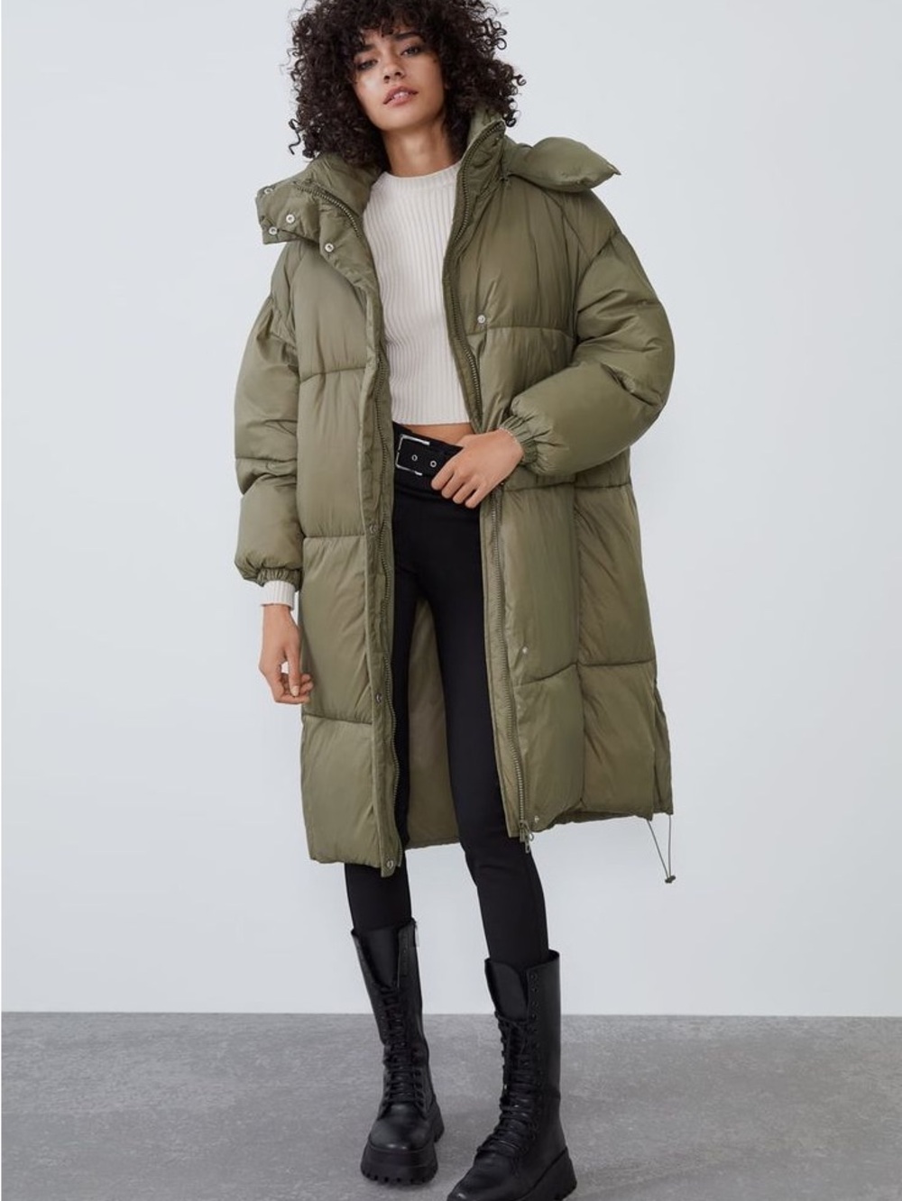 Zara olive green long puffer coat with detachable hood size small